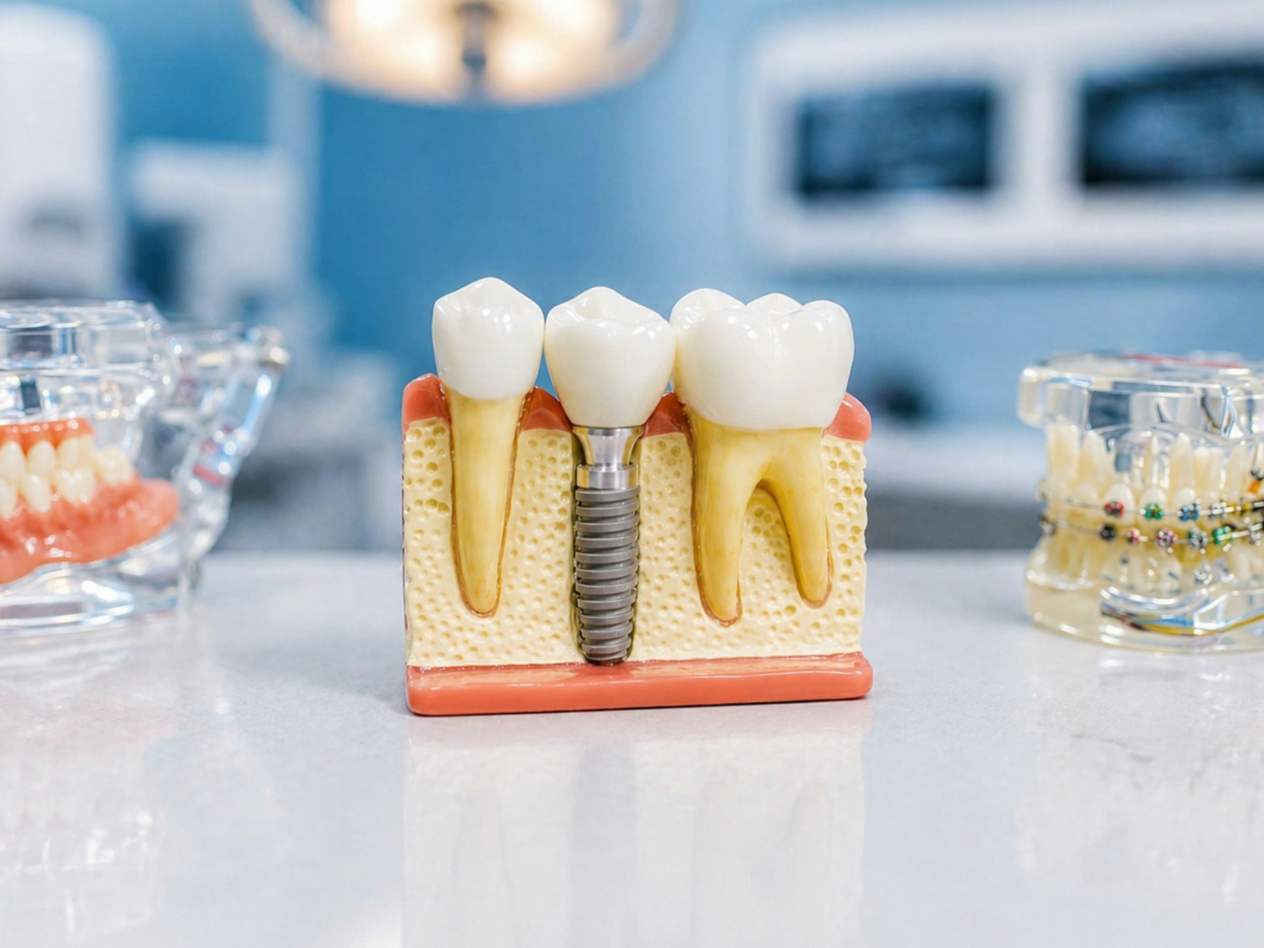 Dental implant restoration model showing a titanium fixture, abutment and crown